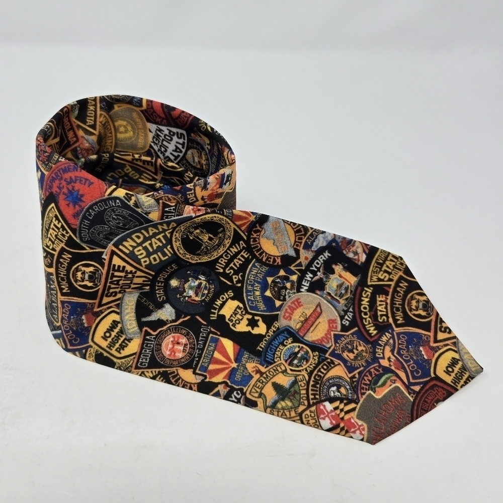 VINTAGE RALPH MARLIN BESPOKE STATE POLICE PATCHES TIE NECKTIE MENSWEAR USA 1995